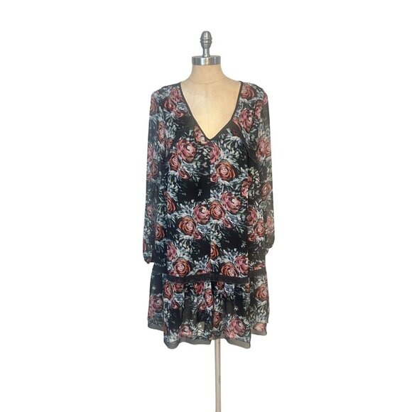 Maeve Anthropologie swing Trapeze Dress black floral tiered Boho Large - Picture 2 of 7